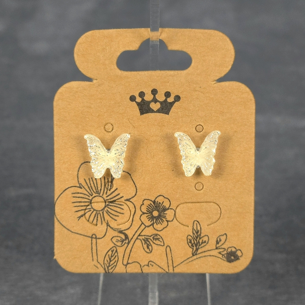 White & Silver Glitter Butterfly Earring Stainless Steel Butterfly/Silicone Back